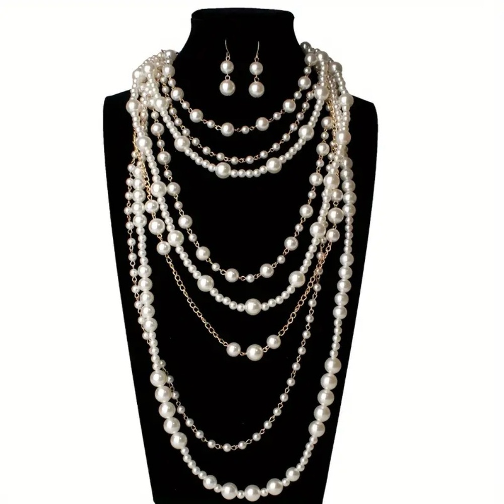 Elegant Tiered Faux Pearl Necklace and Earring Set